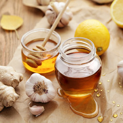 Honey, garlic, herbs, lemon and ginger - natural medicine, healthy food