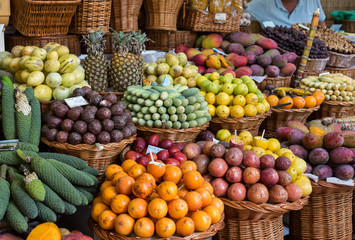 Fresh exotic fruits in Mercado Dos Lavradores. Funchal, Madeira, Portugal