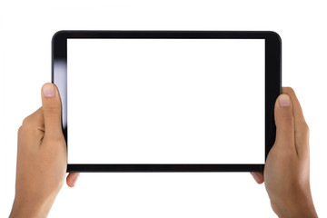 Person's Hand Holding Digital Tablet With Blank Screen