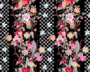 Bright seamless floral ornament with exotic flowers and leaves of victoria creeper and  stylized checkerboard print.