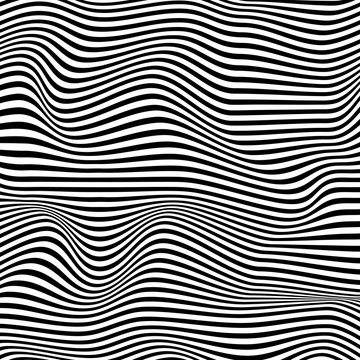 Abstract 3d wave striped textured monochrome background in fashion style. Modern template black and white curve zebra line pattern.