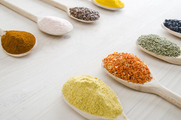 different spices in wooden spoons on a white wooden background