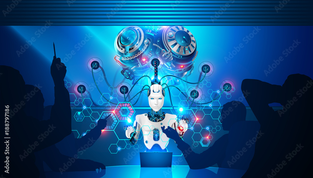 Fototapete Artificial intelligence teaches business employees. Robot with artificial brain is connected to neural network for analysis of business data. Businessmen at meeting and discuss the strategy work.