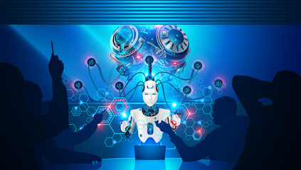 Artificial intelligence teaches business employees. Robot with artificial brain is connected to neural network for analysis of business data. Businessmen at meeting and discuss the strategy work.