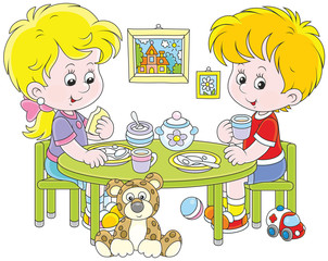 Fototapeta na wymiar Little children at breakfast in their nursery, a vector illustration in funny cartoon style