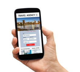 Hand holding a black smart phone with travel agency concept on screen. Isolated on white background. All screen content is designed by me.