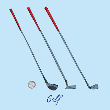 Different golf clubs putters (wood, putter, wedge) and ball, hand drawn doodle sketch with inscription, isolated vector outline illustration on blue background