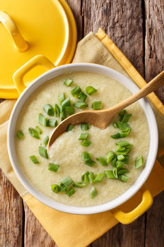 egg drop soup with fresh green onion macro in a bowl. Vertical top view