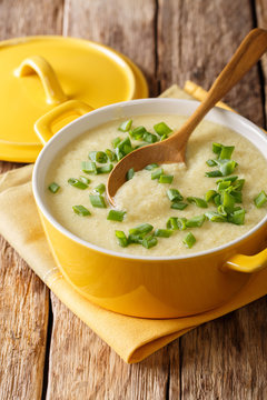 drop egg cream soup with fresh green onions close-up on the table. vertical