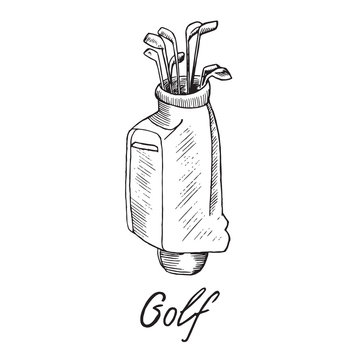 Golf bag with putters in it, hand drawn doodle sketch with inscription, isolated vector outline illustration
