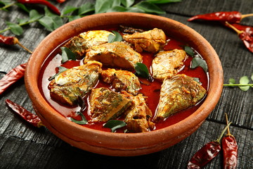 Homemade spicy fish curry from Kerala cuisine.