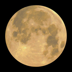 Detailed realistic yellow full moon, isolated on black background. Vector illustration