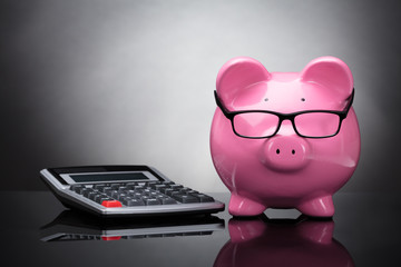 Close-up Of Piggy Bank And Calculator
