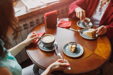 Obraz na płótnie Canvas Two women chatting in a coffee shop, cake on the table