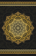 Gold mandala on black background. Ethnic vintage pattern. Mandala meditation poster. Tibetan, thai, asian motifs.