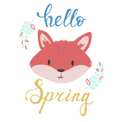Fototapeta na wymiar Hello spring lettering inscription with fox portrait