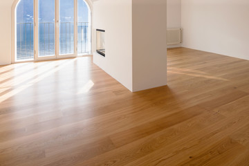 Modern living room with fireplace in the middle