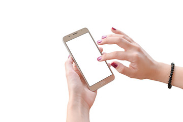Isolated smart phone in woman hands. Woman touch mobile phone screen. White blank screen for mockup.