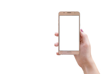 Isolated smart phone in woman hand. Front view. Blank screen for mockup.