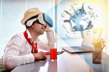 Man at work imagining his vacation with vr glasses representation