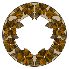 Illustration in stained glass style flower frame, brown flowers and leaves on a white background