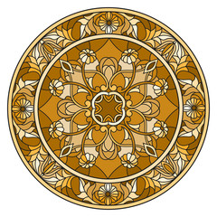 Illustration in stained glass style, round mirror image with floral ornaments and swirls,brown tone ,sepia 