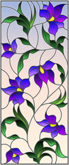 Illustration in the style of stained glass with intertwined abstract purple flowers and leaves on a sky  background