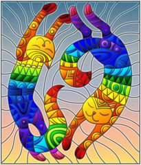 Illustration in stained glass style with a pair of abstract geometric rainbow cats on a sky background