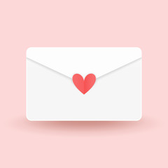 White envelope with love sticker on peach pink background. Valentine's Day concept. Paper cut flat design. Vector illustration