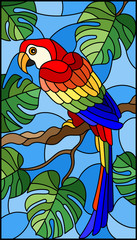 Illustration in stained glass style bird parakeet on branch tropical tree against the sky