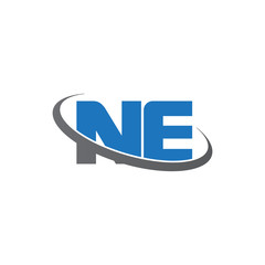 Initial letter NE, overlapping swoosh ring logo, blue gray color