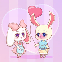 Sweet Little cute kawaii anime cartoon Puppy bunny rabbit boy and girl with pink balloon in the shape of a heart. Card for Valentine Day. Love and friendship Children character
