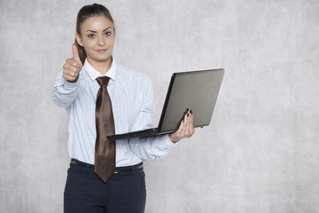 happy and happy saleswoman recommends your product
