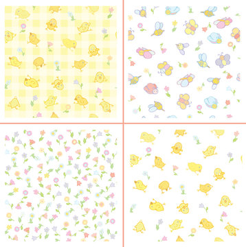 Vector cute seamless  pattern, flora, chickens and insects.