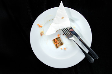 Top view of empty plate, dirty after the meal on black background