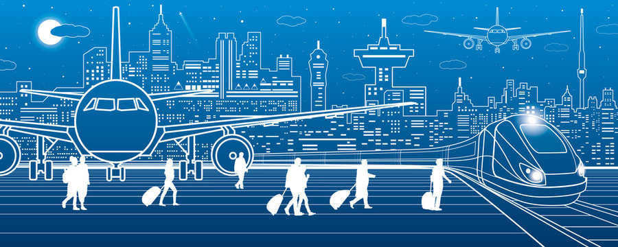 Airport illustration. Passengers go to the train. Aviation travel transportation infrastructure. The plane is on the runway. Night city on background, vector design art