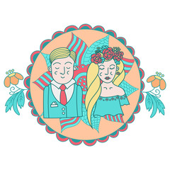 couple of newlyweds , doodles vector illustration