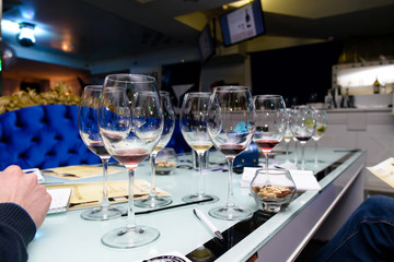 Degustation of white wine and port in a wine house