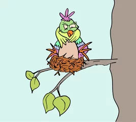 Deurstickers vogel met groot ei op nest © emieldelange
