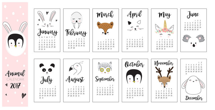 Cute Animal Calendar. Hand drawn kids doodle animal