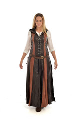 full length portrait of girl wearing brown  fantasy costume. standing pose on white studio background. 