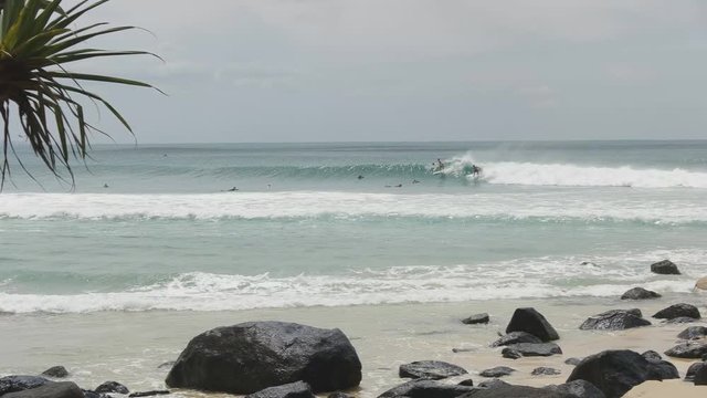 panning shot of surfers riding a wave at greenmount on the gold coast of queensland, australia