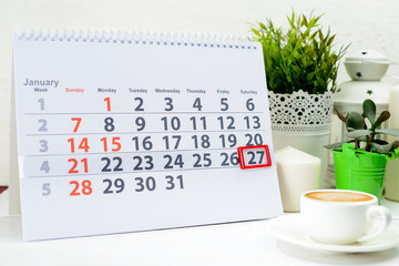 January 27th. Day 27 of month on white calendar