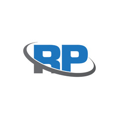 Initial letter RP, overlapping swoosh ring logo, blue gray color