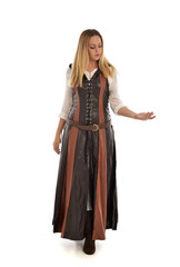 full length portrait of girl wearing brown  fantasy costume. standing pose on white studio background. 