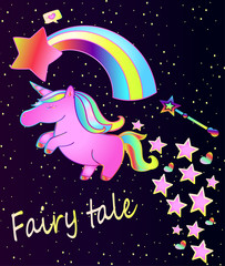 Baby poster-cute pink unicorn with rainbow on a beautiful gradient background with stars and hearts