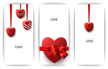Vertical gift design background with a red knitted heart and a bow. Invitation For Valentine's Day, Wedding, Birthday. For a banner, postcards. flyer, label, certificate, company card. Vector.
