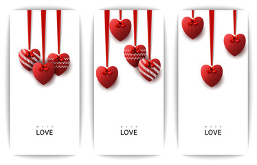 Vertical gift design background with a red knitted heart and a bow. Invitation For Valentine's Day, Wedding, Birthday. For a banner, postcards. flyer, label, certificate, company card. Vector.