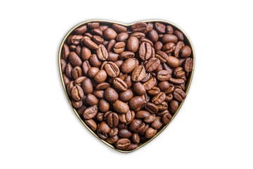 Brown coffee beans heart shape love symbol isolated on white valentine background.