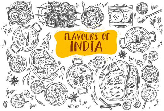 Hand drawn Indian food, Vector Illustration